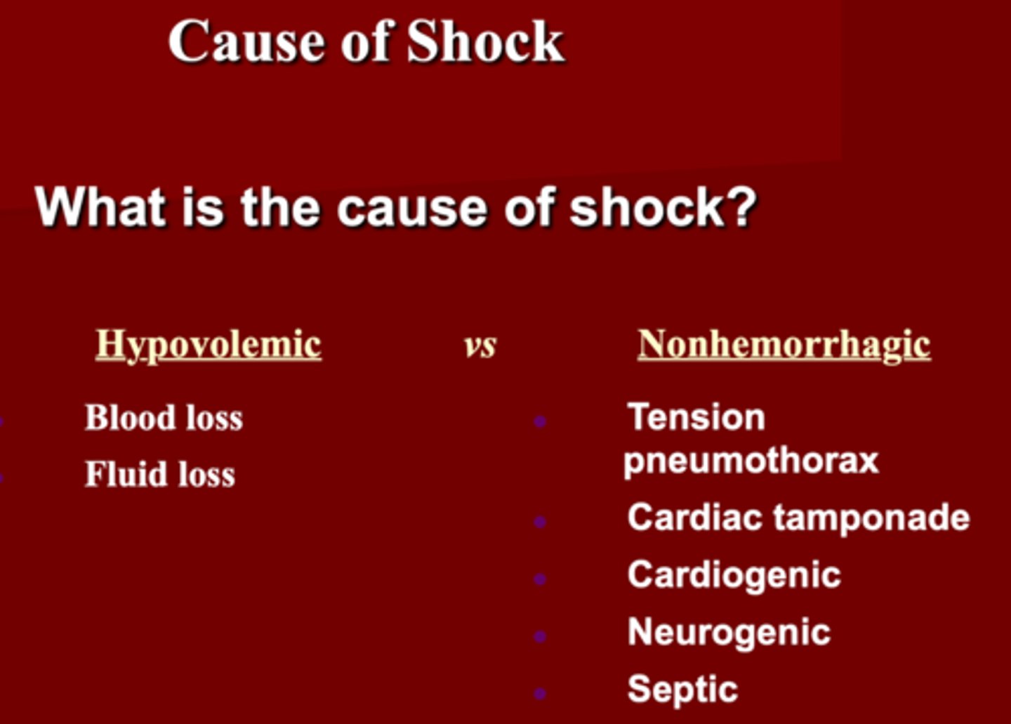 <p>1. Tension Pneumothorax</p><p>2. Cardiac Tamponade</p><p>3. Cardiogenic</p><p>4. Neurogenic</p><p>5. Septic</p>
