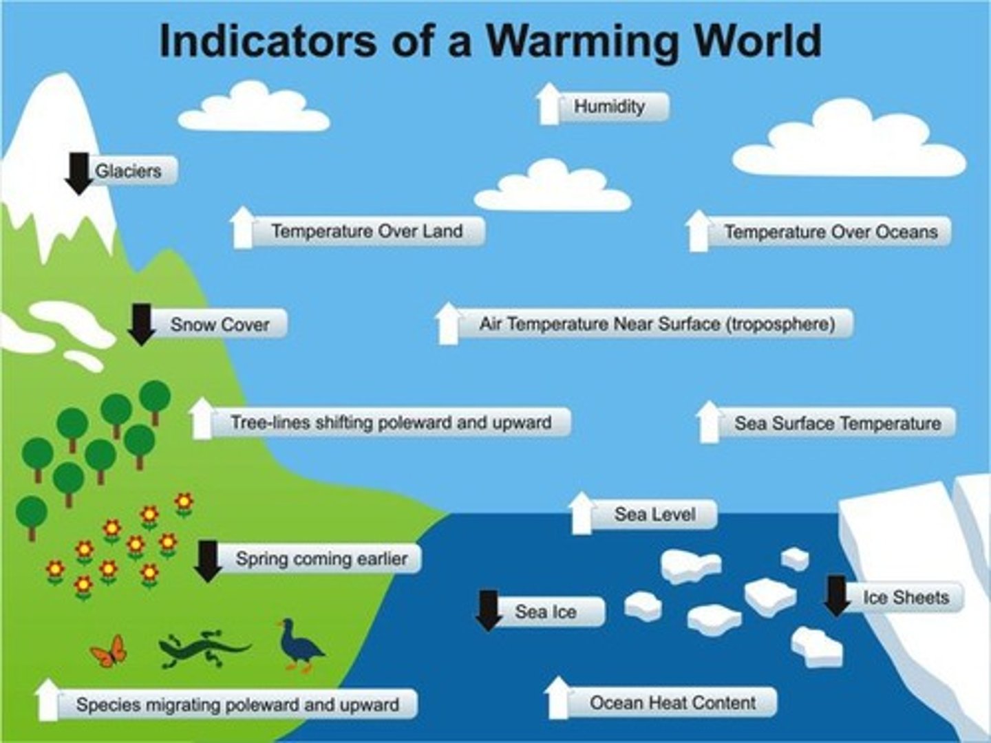 <p>Surface temperature changes, extreme weather events, cloud bursts, human fingerprints on emissions, per capita emissions, and ecosystem responses.</p>