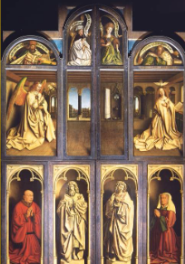 <p>Ghent Altarpiece (closed), Annunciation with Donors</p>