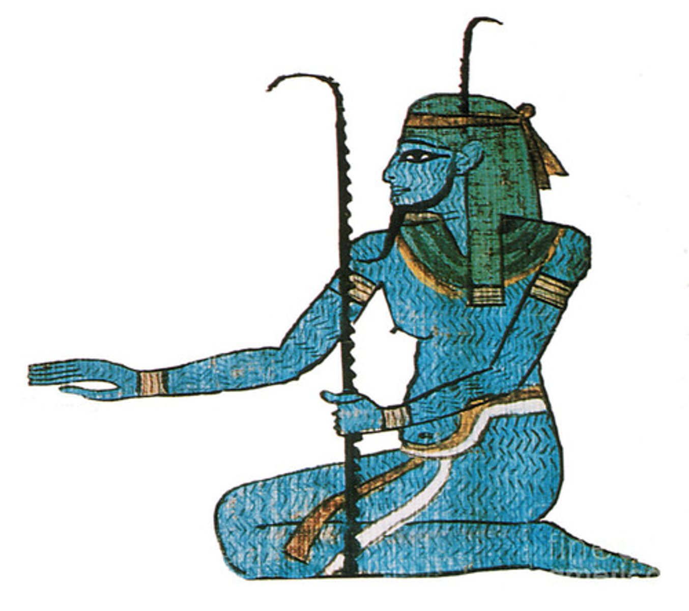 <p>Blue skin, plump. God of the Nile and flooding</p><p>-He is typically depicted as a masculine figure with a large belly, symbolizing the fertility and abundance brought by the floodwaters of the Nile.</p><p>-Hapy was revered as a beneficent deity who brought life-giving waters to Egypt, ensuring the fertility of the soil and the prosperity of the people.</p><p>-In Egyptian mythology, Hapy was often depicted as a pair of deities, Hapy of Upper Egypt (depicted with papyrus plants) and Hapy of Lower Egypt (depicted with lotus flowers), symbolizing the union of the two lands and the duality of the Nile's annual inundation.</p>