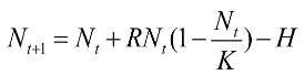 <p>If K=100, R=1.0 and N=70, what will happen to the population at the next time step if H=15?</p>