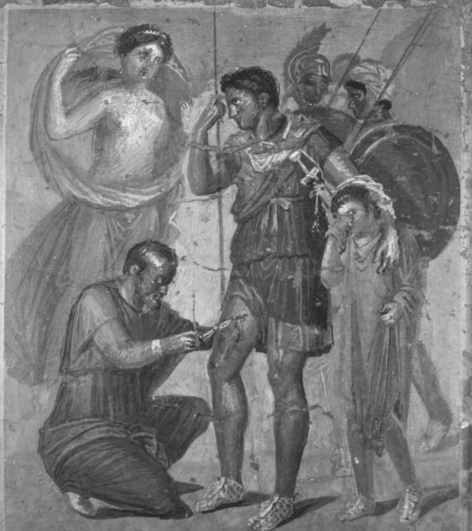 <p>Figure 12.2: Who is the wounded hero standing supported by a spear while treatment happens?</p>