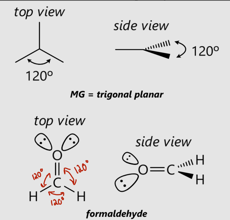 <p>MG = trigonal planar</p><p>120°</p>