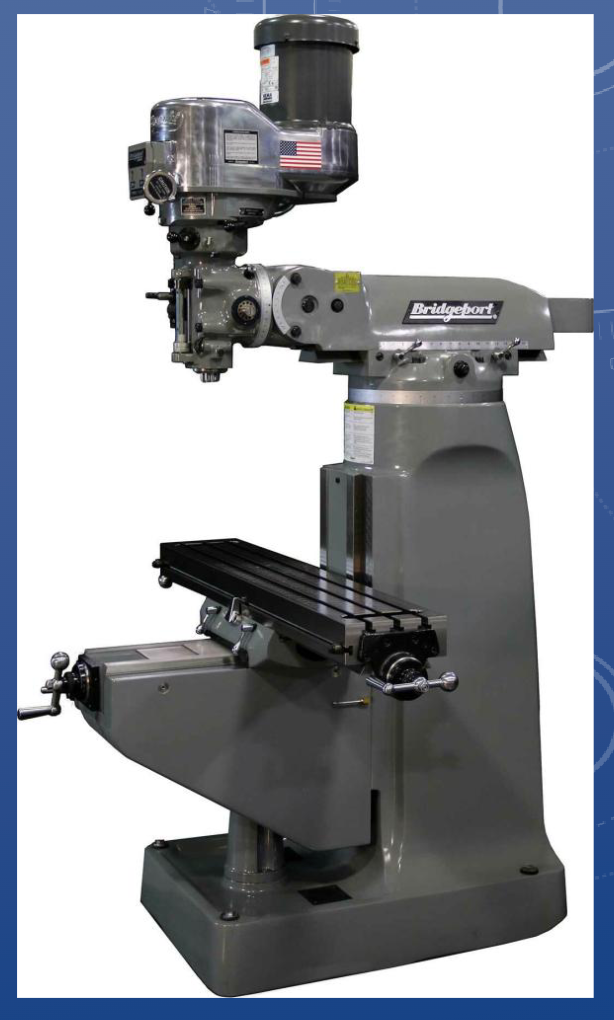 <p>• Also known as a:</p><p>• Mill</p><p>• Milling machine</p><p>• Bridgeport mill</p><p>• Manual milling machine</p><p>• Used for high precision cutting operations</p><p>• Cranks are used to move the table in xyz</p><p>• Workpiece is fixed to table and moved against rotating tool</p><p>Tooling is mounted to the spindle. Measurements can be taken from the crank or digital readout. Machinists establish a datum by zeroing out the digital readout.</p>