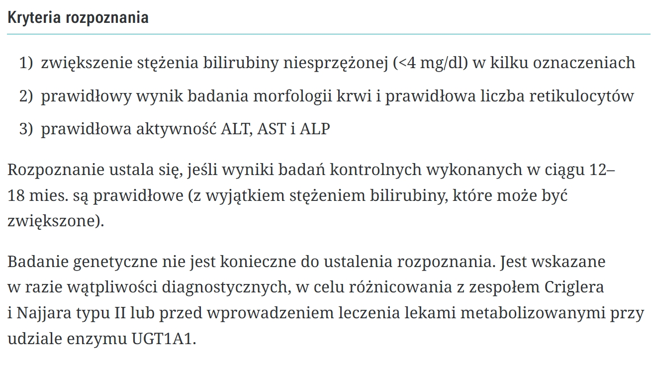 <p><span><span>Enzym UGT1A1&nbsp;bierze również udział w&nbsp;metabolizmie niektórych leków, co może nasilać hiperbilirubinemię podczas ich stosowania (np. sunitynib, rybawiryna) lub zwiększać ryzyko toksyczności leku (irynotekan, paracetamol).</span></span></p><p></p><p></p>