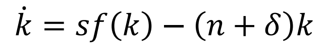 <p>Change in capital per worker = savings per worker - (depreciation + population growth) * capital per worker.</p>