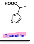 <ul><li><p>semi-synthetic penicillin </p></li><li><p>not stable in the acidic pH of the stomach </p><ul><li><p>in acid will do through decarboxylation and loses activity </p></li></ul></li><li><p><u>pharmacophore:</u> <strong>thiophene ring</strong></p><ul><li><p>diminished gram-positive activity</p></li></ul></li><li><p>sensitive to hydrolysis by B-lactamases </p></li></ul>