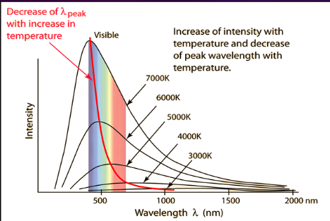 <ul><li><p>stars emit all wavelengths of light</p></li><li><p>Each curve on the graph shows the distribution of the energy radiated across the spectrum (of wavelengths) for a star of a specific temperature</p></li><li><p>The intensity is inversely proportional to the peak wavelength</p></li><li><p>The temperature is inversely proportional to the peak wavelength</p></li><li><p>The peak is displaced to the left (smaller wavelength) as the temperature increases (Wien’s displacement law) </p></li></ul><p></p>