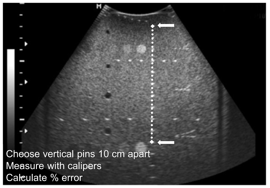 <p>Using a TE phantom and the equally spaced vertical dots, use the electronic calipers to measure 2 pins, 10 cm away from each other. Compare the measurement to the actual separation and calculate the percent error, if there is any.</p>