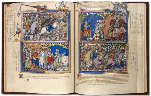 <p>contains the Drunkenness of Noah, Tower of Babel, Sacrifice of Isaac, Lot Taken Captive. miniatures represent the greatest visualizations of Old Test Narratives EVER. Only portions of the bible (genesis, exodus, Joshua, Judges, ruth and samuel) 48 FOLIOS (page- front and back) depicting over 350 episodes, 40% of many is devoted to scenes from King David&apos;s Life. Stories in General focus on Heroes thru history of Israel and provide models of kingship to be avoided or followed. LUXURIOUS MANUSCRIPT- a lot of BLUE AND GOLD.. not everyone has one of these. stories not set in holy lant, they&apos;re set in 13th century France- Tower of Babel: 13th cent workers! same fashion, tech, etc contemporary as they build the tower. MIRRORING LEARNING CONTEMPORARILY. Figures are Naturalistic, Monumental, Narrative detail. Heavy Narrative detail shows the illuminators Knew what they were doing w firsthand models (emph contemporary iconography). OG there were no captions: story was solely told thru the images. (BY COSTUMIN GU CAN TELL WHO EVERYONE IS. DIAGONAL PANELLING OF CELLS DRIVES VIEWERS EYE ACROSS PAGE TO TELL NARRATIVE)</p>