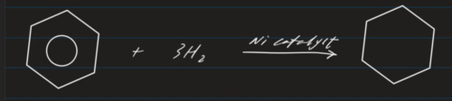 <p>- addition and reduction</p><p>- product: cyclohexane</p>