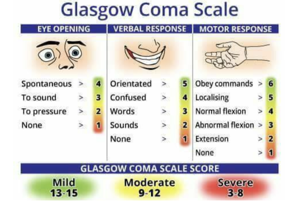 <p>Mild TBI- less than 30 min LOC, concussions</p><p>Moderate TBI</p><p>Severe TBI- LOC more than 24 hours, PTA more than 7 days</p><p>classification based on Glasgow coma scale</p>