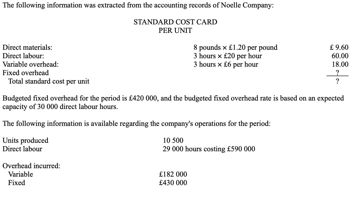 Noelle's fixed overhead spending variance would be

* £10 000 unfavourable.
* £11 000 unfavourable.
* £21 000 favourable.
* £31 000 favourable.