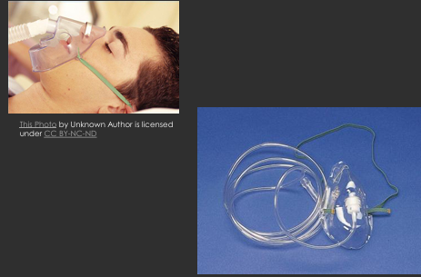 <ul><li><p>medium to high flow oxygen</p></li><li><p>6-10L/min or 40-60% fio2, never less</p></li><li><p>not for long term use,, uncomfortable</p></li><li><p>must remove for eating</p></li><li><p>best used post surgery/recovery</p></li></ul><p></p>