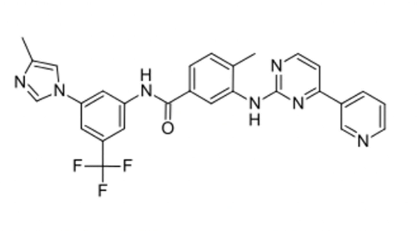 <p>Shown is a tyrosine kinase inhibiting drug that is used as an antineoplastic. Identify whether it is a 2-phenylaminopyrimidine or 4-anilinoquinazoline pharmacophore</p>