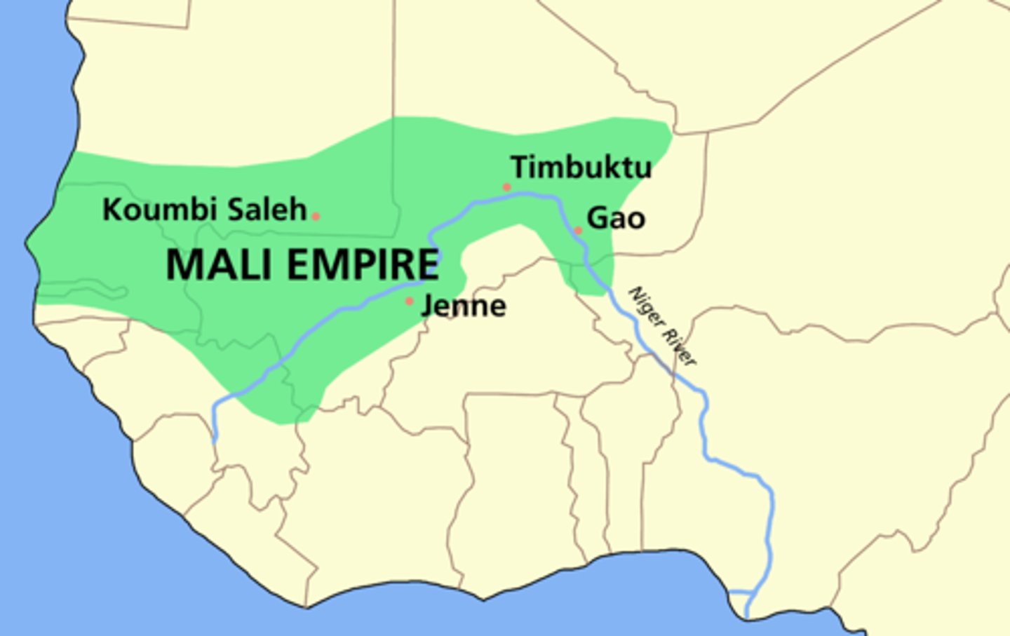 <p>• Founded c. 1235 by Sundiata Keita</p><p>• Initially left semi-independent vassals (rulers subject to a higher-ranking ruler or state) until he became the sole mansa (king)</p>