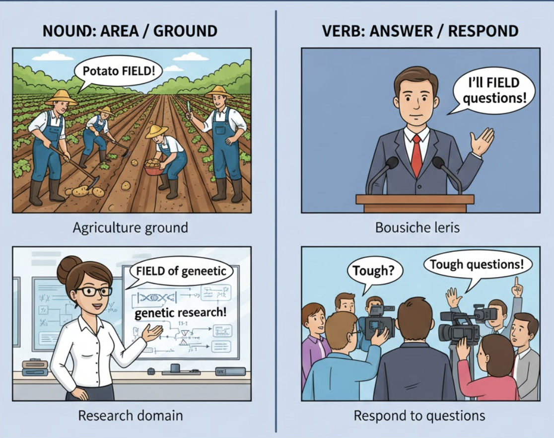 <p>(n) -</p><ul><li><p><strong>an area of open land, especially one planted with crops or used for pasture.</strong> </p></li></ul><p>(cánh đồng, đồng cỏ, bãi đất)</p><ul><li><p><strong>a particular area of study or profession.</strong> </p></li></ul><p>(lĩnh vực, chuyên môn, phạm vi)</p><p>(v) -</p><ul><li><p><strong>(Thể thao/Nghĩa bóng) to retrieve or catch (a ball); to deal with (a question or inquiry).</strong></p></li></ul><p> (đỡ bóng; xử lý, trả lời (câu hỏi)</p><p></p>