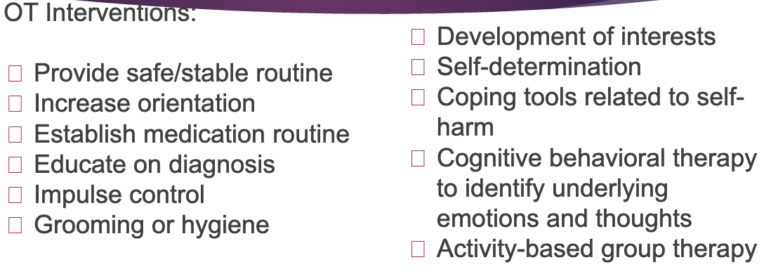 <p>individuals with serious mental illness; individuals who make direct threats to harm themselves or others, may demonstrate uncontrolled behavior</p><p>general public may view them dangerous - treatment mall approach, milieu therapy approach, sensory interventions </p><p>voluntary/involuntary admission</p>