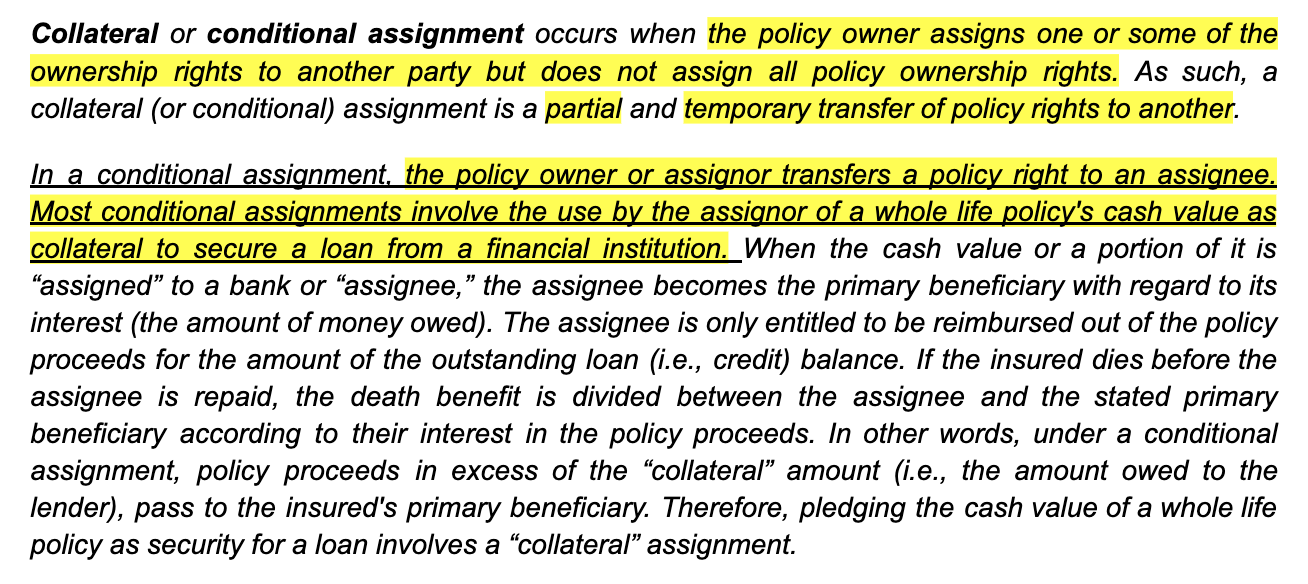 <p>A provision that allows a policyowner to temporarily give up ownership rights to secure a loan is called an)</p><ul><li><p>automatic premium loan</p></li><li><p>nonforfeiture option</p></li><li><p>collateral assignment</p></li><li><p>irrevocable assignment</p></li></ul>