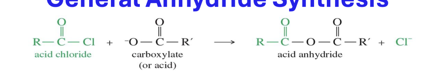 <p>Starting </p><ul><li><p>Acid Chloride </p></li><li><p>Carboxylate</p></li><li><p>Carboxylic Acid </p></li></ul><p>Reagent : </p><ul><li><p>pyridine</p></li></ul><p></p>