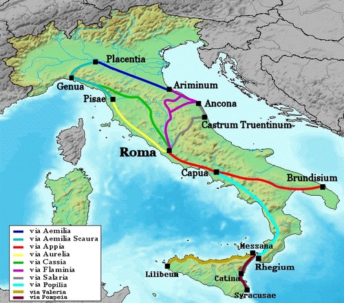 <ul><li><p>Appian Way \n - Major highway which ran from Rome south to Capua (near Pompeii), then across the Apennines to the port city of Brundisium in the heel of the boot</p></li></ul>