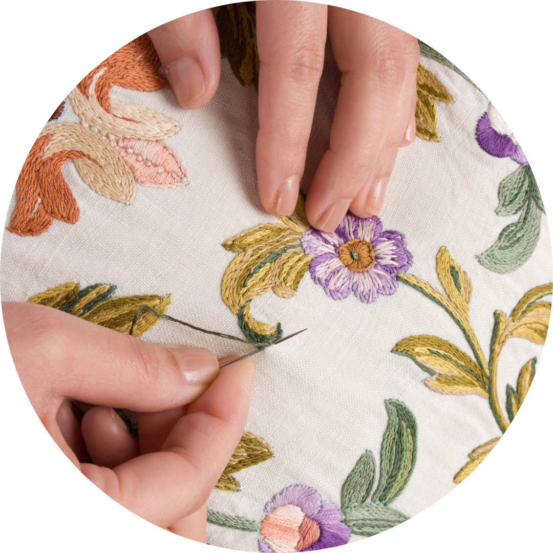 <p><strong>stitch designs or images onto fabric to make it pretty</strong></p><p>She likes embroidering flowers on her pillowcase.</p>