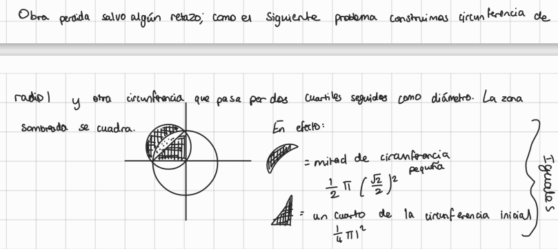 <ol><li><p><strong>Squaring the circle (Quadrature of the circle)</strong></p><p>Problem: Construct a square with the same area as a given circle using only a compass and straightedge. Mathematically: given a circle of radius R, construct a square with area πR². However, it was proven to be impossible with a compass and straightedge by Ferdinand Lindemann in 1882 because the problem requires the exact construction of V which was proven to be transcendental (by him as well). A transcendental number cannot be constructed geometrically with finite steps. Hippocrates of Chios (470-410 BC) partially resolved related problems by squaring lunes (crescent-shaped regions) showing how portions of circular areas could be squared using geometry. His work paved the way for later mathematical exploration, even though the full problem remained unsolvable.</p><p>Here’s the problem: a circle is constructed with radius r, and a second circle is drawn using 2 points on the first circle (a quarter-circle) as the diameter. This creates an overlapping lune (the shaded region). The shaded lune is proven to have the same area as a quarter-circle.</p></li><li><p><strong>Doubling the cube (Delian problem)</strong></p><p>Problem: construct a cube with twice the volume of a given cube using only a compass and a straight edge. Mathematically, given a cube of side L, construct a cube with side length ³(sqrt2(L)). It is not possible because the problem requires constructing  ³(sqrt2) or 2<sub><sup>1/3 </sup></sub>which is not a constructible number (proven by the Wantzel theorem in 1837. According to legend, the problem originated when the Oracle of Delphi suggested doubling an altar to appease the gods during a plague. This led to attempts to geometrically solve the problem.</p><p><strong>Archytas of Tarentum (430–360 BCE)</strong> made significant contributions using a combination of geometric curves and 3D methods, demonstrating advanced understanding of spatial geometry.</p><p><strong>Menaechmus</strong> used <strong>conic sections</strong> (parabolas and hyperbolas) to solve the problem algebraically, though this method was beyond the compass-and-straightedge restriction.</p></li><li><p><strong>Trisecting an angle</strong></p><p>Problem: divide any given angle into three equal parts using only a compass and straight edge</p><p>For most angles, trisecting involves solving a cubic equation, which cannot be done with compass and straightedge (proven in 1837 by Pierre Wantzel)</p><p>Historical attempts: Hippias of Elis (443-399 BC) introduced the quadratrix, a curve generated by the intersection of two moving lines, which could trisect any angle. However, this method did not work within the compass and straight edge restriction. Trisection spurred the exploration of neusis constructions to solve the problem (which didn’t count for the greeks because it involves the use of a MARKED straight edge with specific marks on.</p></li></ol><p></p>