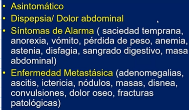<ul><li><p><span>Síntomas inespecíficos</span></p><ul><li><p><span>en la mayoría de las personas</span></p></li><li><p><span>Dispepsia (cualquier malestar en el estómago)</span></p></li></ul></li></ul>