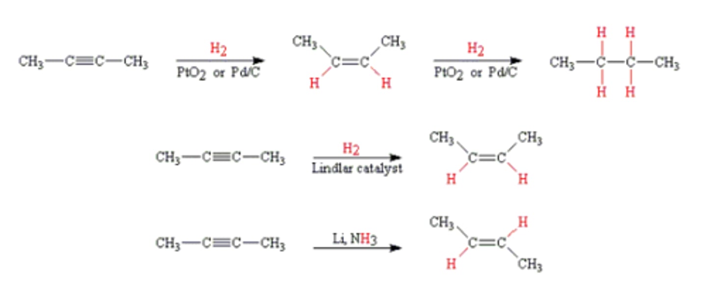 <p>-Reagents: H2 and Lindlar's catalyst (cis product) or Na, NH3 (trans product)</p>