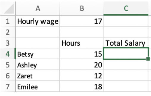 <p>To calculate the Total Salary for each person, hours are multiplied by the hourly wage Hours, which of the following options allows us to enter to formula once in C4 and then drag down to C7 using the Fill Handle?</p>