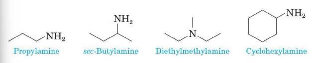 <p>for most aliphatic amines, list the groups bonded to nitrogen in alphabetical order in one word ending in the suffix -amine</p>