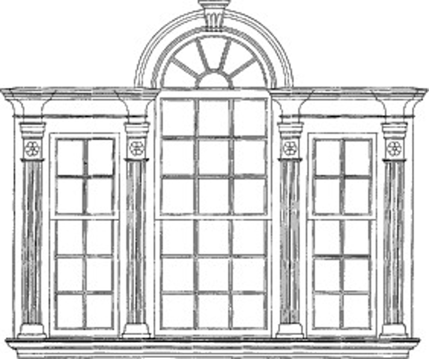<p>a round headed window flanked by two smaller windows</p>