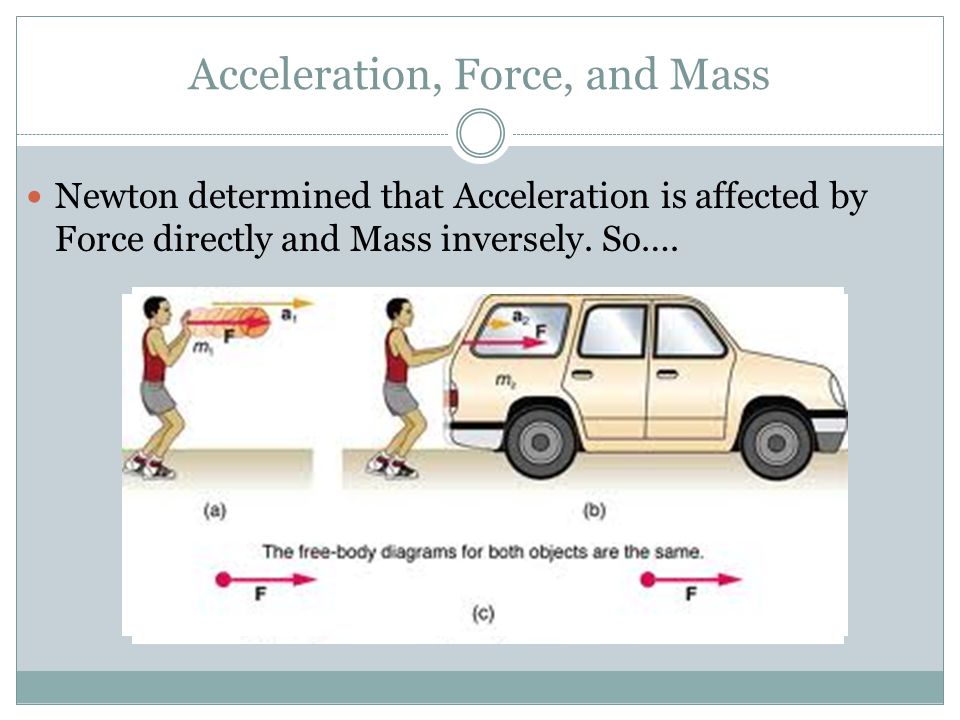 <p>Force = Mass x acceleration</p><p>(The more mass an object has, them more force needed to move the object.)</p><p>Example: Pushing a car in park.</p>