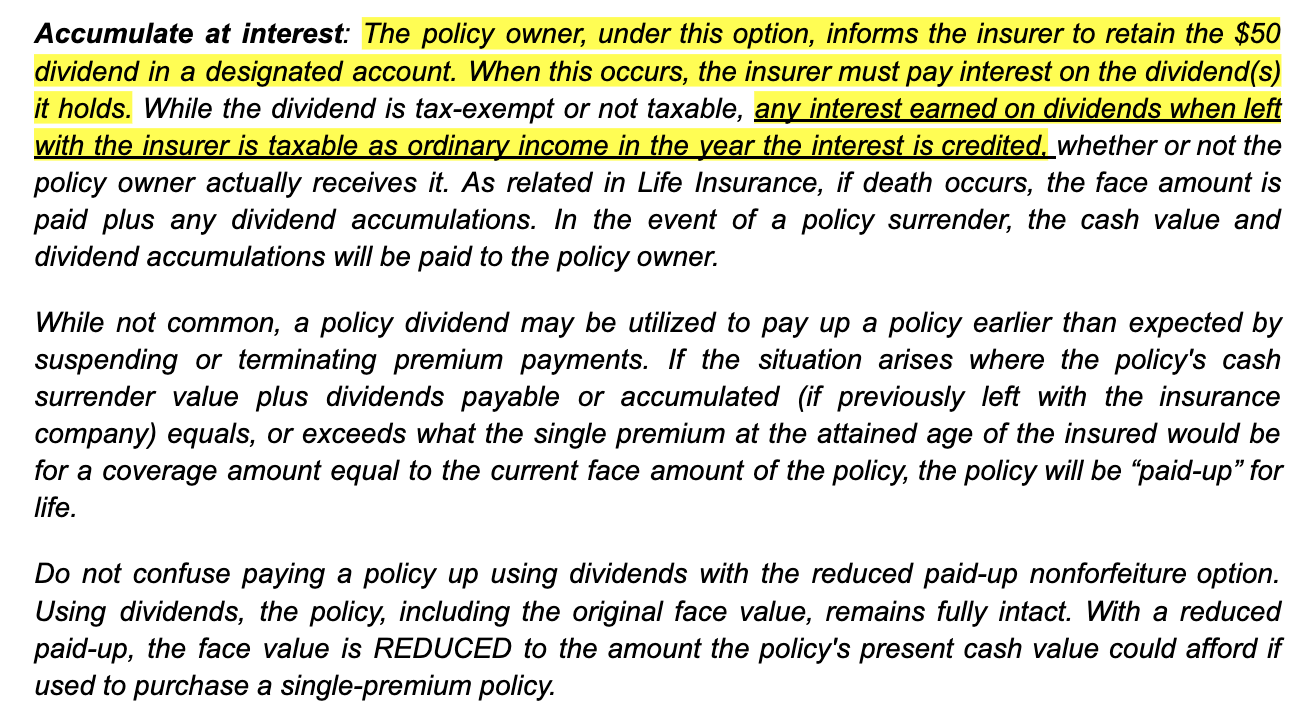 <p>Which dividend option would an insurer invest the policyowner's money and add any interest earnings as the dividends accrue?</p><ul><li><p>Accumulation at Interest Option</p></li><li><p>Cash Dividend Option</p></li><li><p>Paid-Up Additions Option</p></li><li><p>One-Year Term Dividend Option</p></li></ul>