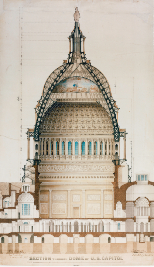 <p><span style="font-family: Arial; font-size: 21px;">(a): United States Capitol Dome</span></p><p><span style="font-family: Arial; font-size: 21px;">(b): Thomas Ustick Walter</span></p><p><span style="font-family: Arial; font-size: 21px;">(c): Washington, D.C</span></p><p><span style="font-family: Arial; font-size: 21px;">(d): 1850s</span></p><p><span style="font-family: Arial; font-size: 21px;">(e): Montgomery Meigs and August Schoenborn</span></p>