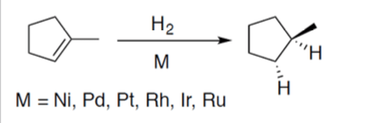 <p>Carbocation: no</p><p>Regiochemistry: N/A</p><p>Stereoselectivity: syn</p><p>Reagent(s): H2 over M: M = Ni, Pd, Pt, Rh, Ir, Ru</p><p>- syn addition of two H on either side of alkene</p>