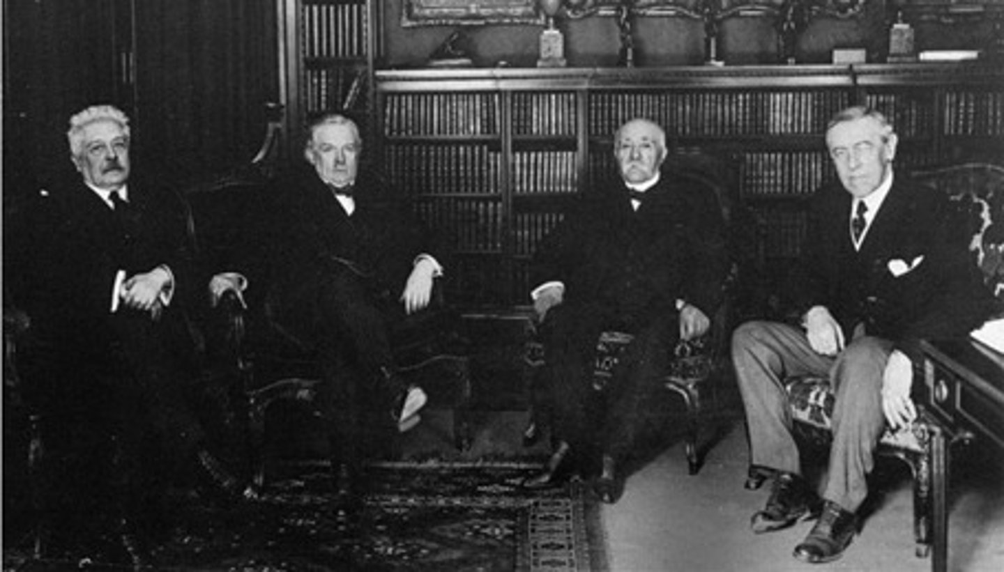 <p>Woodrow Wilson (US president), Georges Clemenceau (French premier), David Lloyd George (British prime minister), Vittorio Orlando (Italian prime minister) that negotiated the Treaty of Versailles</p>