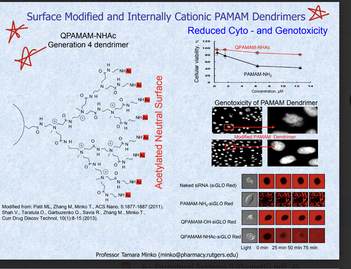 <ul><li><p>QPAMAM-NHAc is a generation 4 dendrimer which is <strong>acetylated neutral surface</strong></p><ul><li><p>has greater cellular variability</p></li><li><p>reduced cyto- and genotoxicity</p></li></ul></li></ul><p></p>