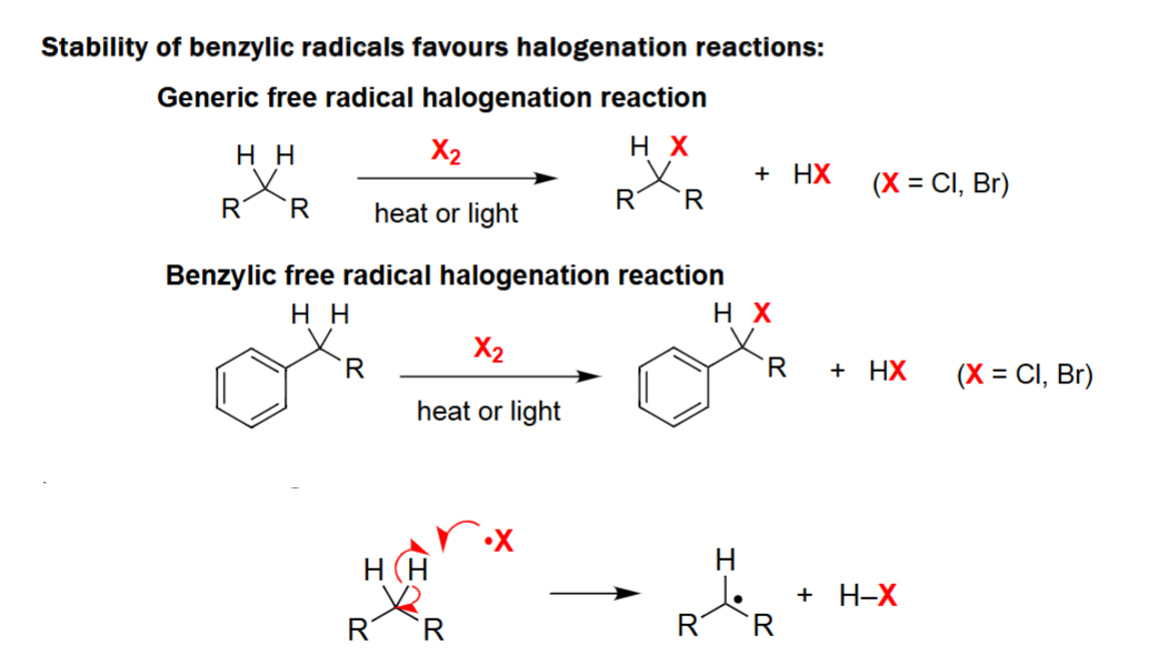 <ul><li><p>Generic free radical halogenation reaction. </p></li><li><p>Reacts with a halogen (X<sub>2</sub>) along heat or light. </p></li><li><p>Proceeds via hydrogen abstraction to form a free radical.</p></li></ul><p></p>