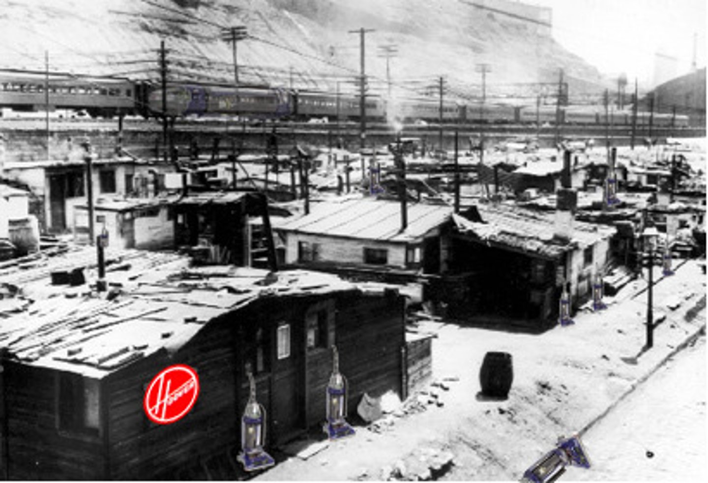 <p>The camps set up by the homeless during the Great Depression. Made from what ever materials they could find.</p>