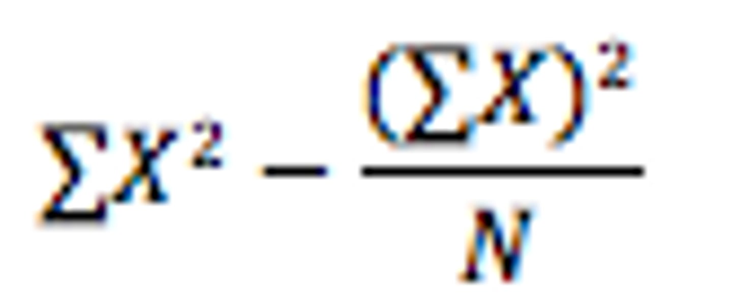 <p>SS=∑X^2−(∑X)^2/N</p><p>ex. ∑X = 1 + 3 + 5 = 9</p><p>∑X² = 1² + 3² + 5² = 1 + 9 + 25 = 35</p><p>SS = 35 - 27 = 8</p>