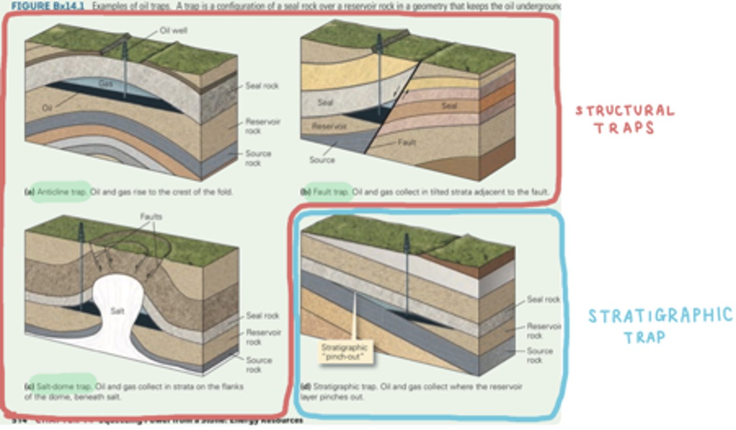 <p>a subsurface configuration of seal rocks and structures that keep oil or gas underground so it doesn't seep out of the surface</p>