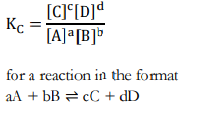 <p>KC = [C] c [D] d [A] a [B] b for a reaction in the format aA + bB ⇌ cC + dD</p>
