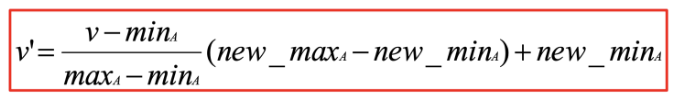 <p>(given number - min) / (max - min) * (new max - new min) + new min</p>