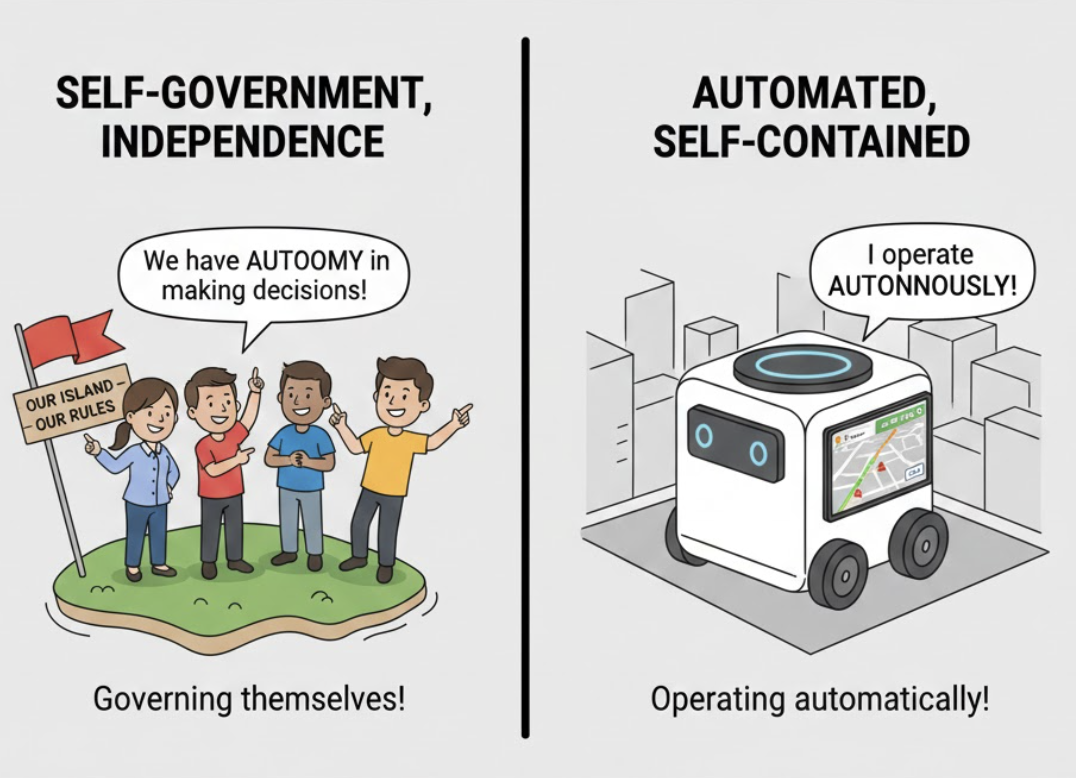 <p>The right or condition of self-government; the ability to make your own decisions. </p><ul><li><p>(Quyền tự trị, quyền tự quyết, sự tự chủ)</p></li></ul><p><strong>Dạng liên quan:</strong></p><ul><li><p><strong>Autonomous</strong> (Tính từ: Tự trị/Tự định hướng - ví dụ: <em>Autonomous car</em>: xe tự lái)</p></li><li><p><strong>Autonomously</strong> (Trạng từ)</p></li></ul><p></p>