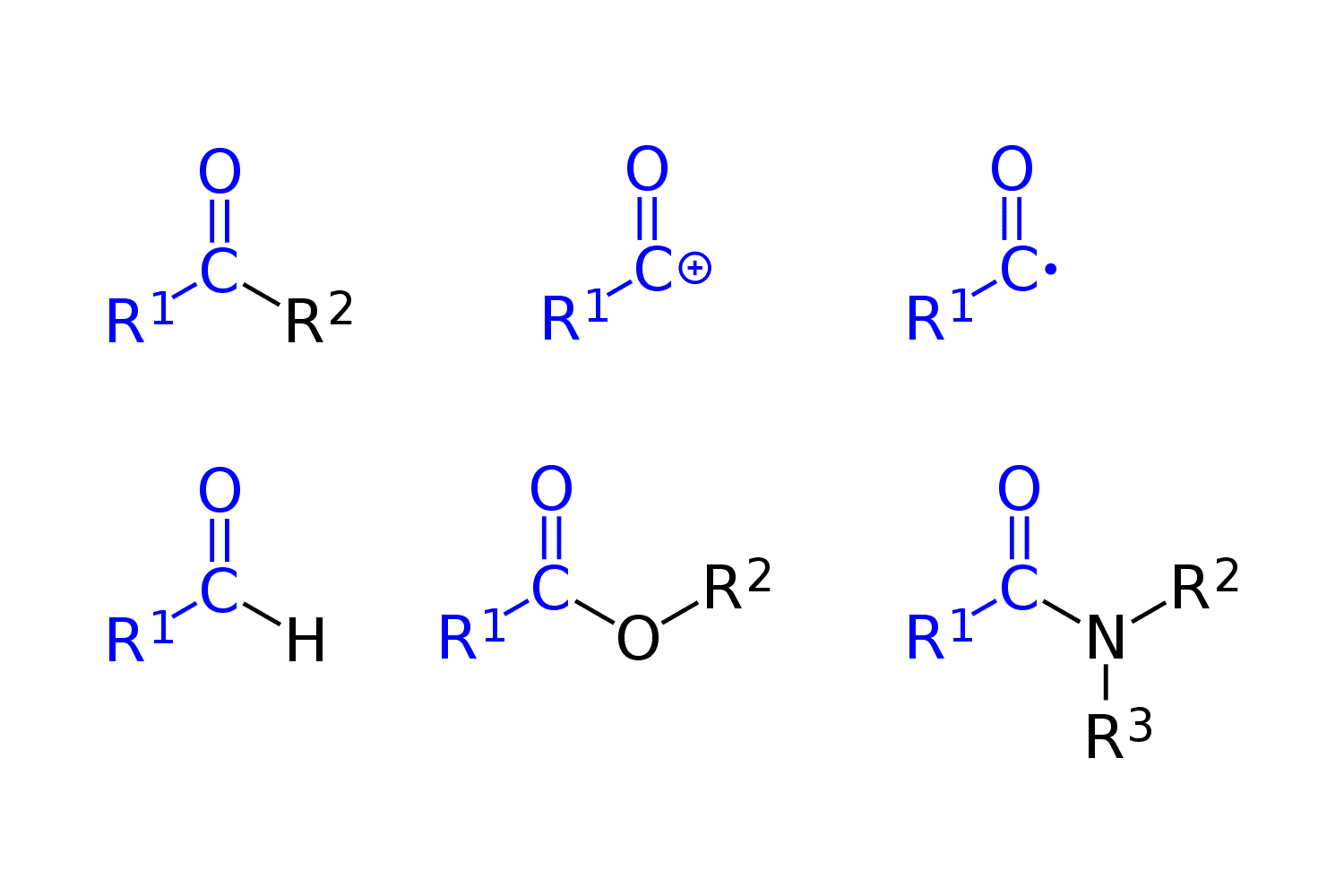 <p><span>C double-bonded to an O and single-bonded to an organic group (R) or H</span></p>