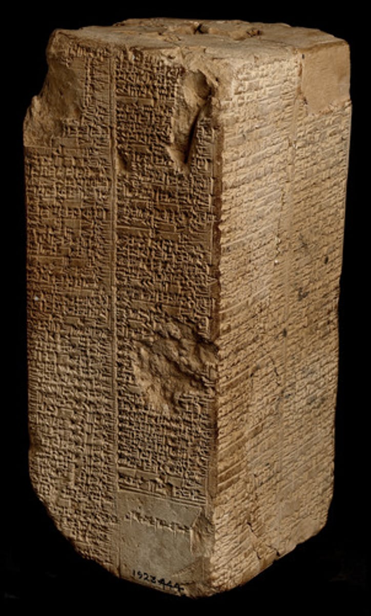 <p>A Sumerian artifact (ca. 1800 BCE) inscribed with the Sumerian King List, recording dynasties and rulers.</p>