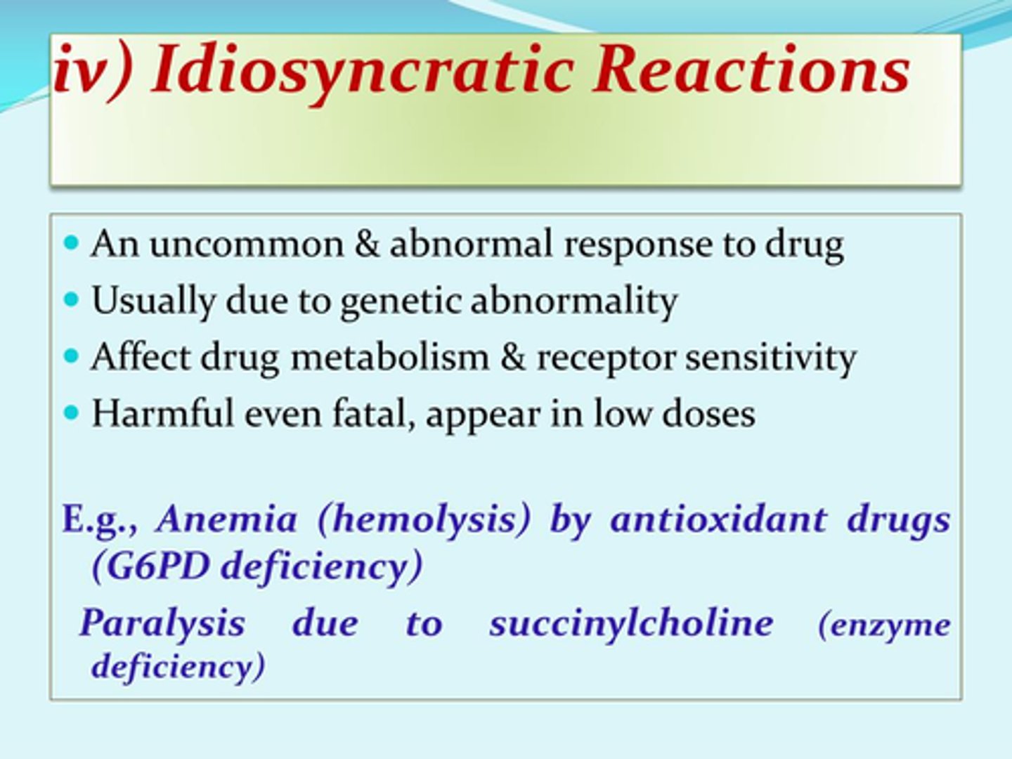 <p>An abnormal and unexpected response to a medication, other than an allergic reaction, that is peculiar to an individual patient.</p>