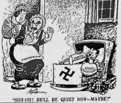 <p>Which of the following best reflects the cartoonist's view of the appeasement of Hitler by France and Britain?</p><p>a. ﻿Chamberlain and Europe know that appeasing Hitler isn't likely to work long term, are are hoping it will work.</p><p>b. Chamberlain and Europe will be able to avoid war with Germany because they have made concessions to Hitler.</p><p>﻿﻿﻿c. Chamberlain and Europe will only succeed at stopping Hitler by poisoning his bottle.</p><p>d. Hitler is like a little kid who is only happy when he gets what he wants.</p>