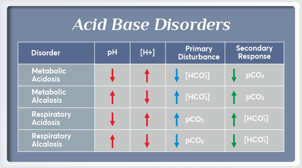 <ul><li><p><strong>If pH is low and PCO2 is low:</strong> <span style="color: rgb(84, 106, 167)">metabolic</span> <u>acidosis</u> with respiratory compensation</p></li><li><p><strong>If pH is low and HCO3 is high</strong>: <span style="color: rgb(164, 47, 47)">respiratory</span> <u>acidosis</u> with <span style="color: rgb(84, 106, 167)">metabolic</span> compensation</p></li><li><p><strong>If pH and PCO2 are both high</strong>: <span style="color: rgb(84, 106, 167)">metabolic</span> <u>alkalosis</u> with <span style="color: rgb(164, 47, 47)">respiratory</span> compensation</p></li><li><p><strong>If pH is high and PCO2 is low</strong>: <span style="color: rgb(164, 47, 47)">respiratory</span> <u>alkalosis</u> with <span style="color: rgb(84, 106, 167)">metabolic</span> compensation</p></li></ul><p></p>